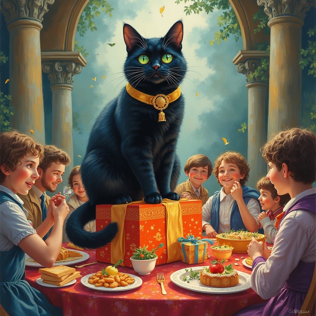 Majestic Cat in Lavish Attire Celebrates with Gifts and Feas...