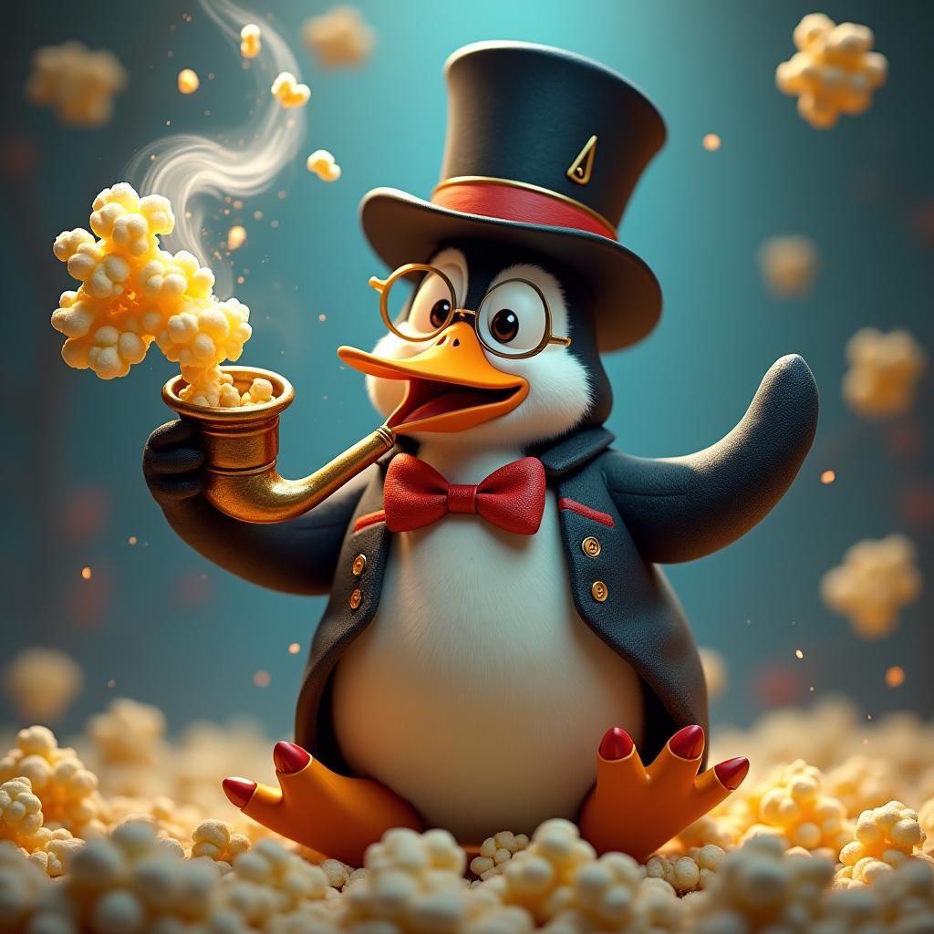 Whimsical Penguin Plays Pipe and Pops Popcorn