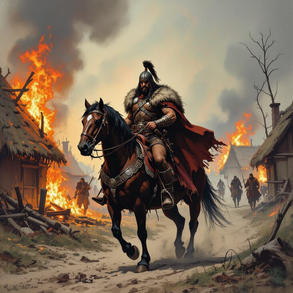 Atilla the Hun Rides Through Burning Village