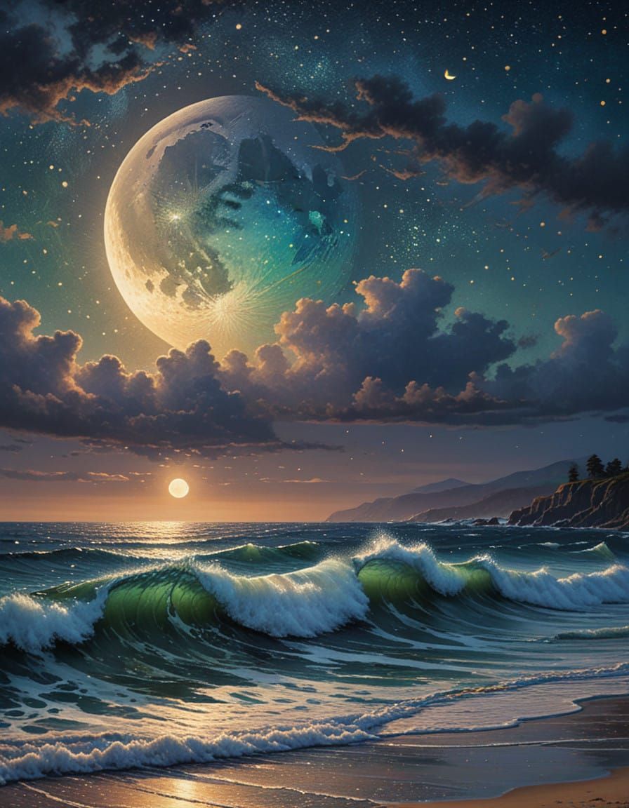 Luminous Moonlit Seascape in Pointillist Style