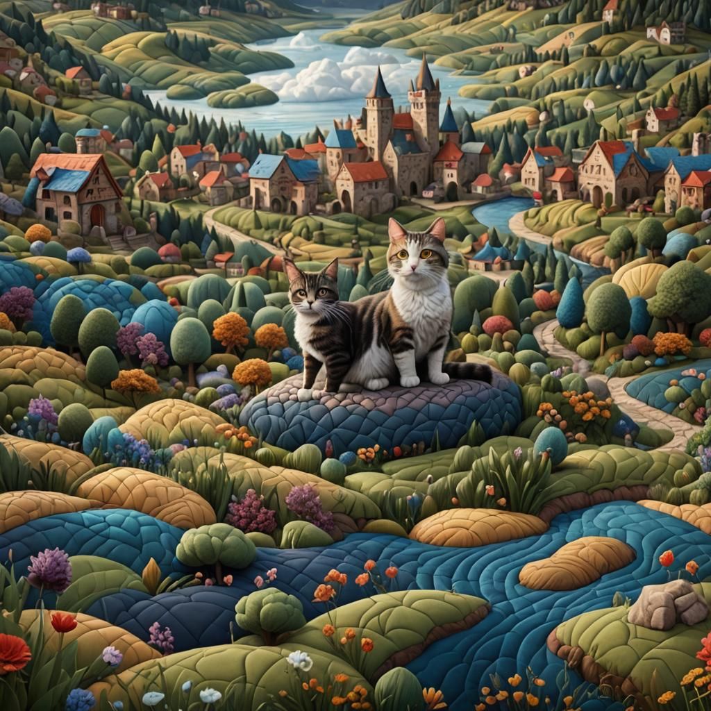 Quilted Landscape with Cat: Detailed Matte Painting