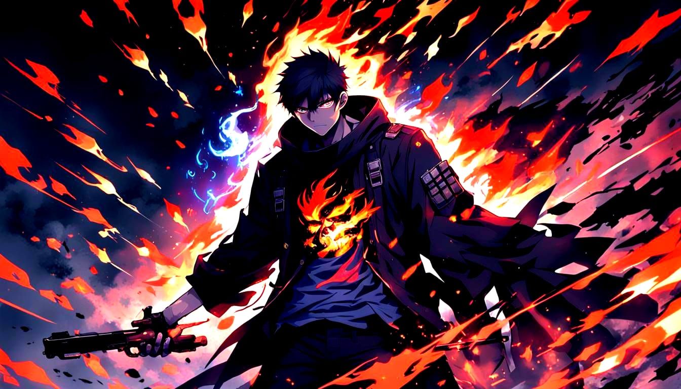 Anime Human with Neon Fire Powers