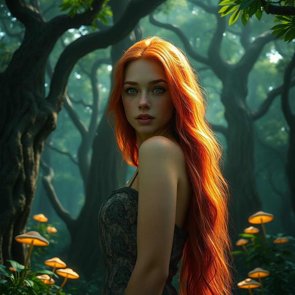 Red-Haired Woman in Primeval Forest, Hyper-Realistic