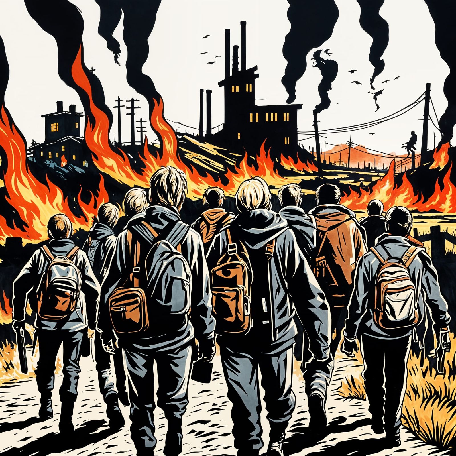 Survivors Flee a Burning Town