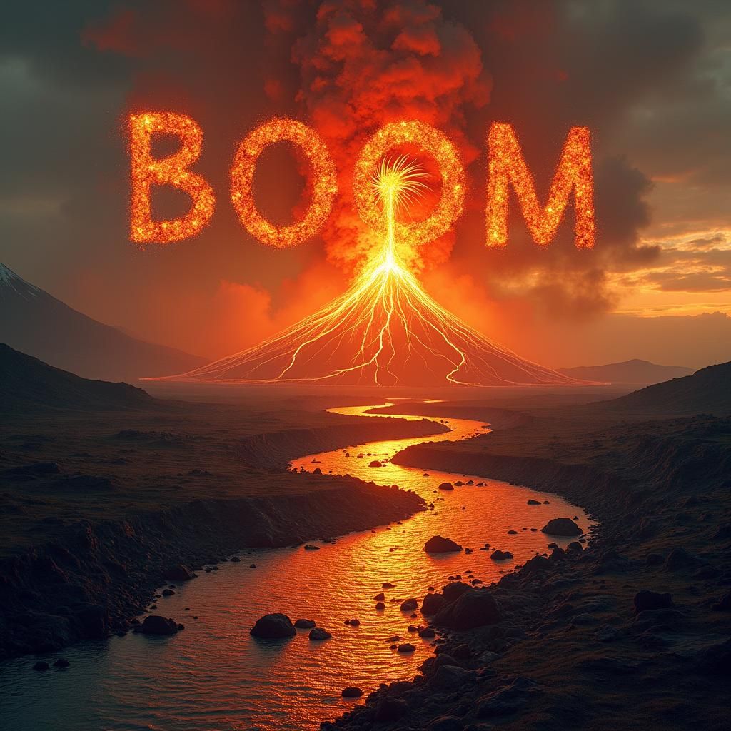 Volcanic Eruption with Lava Text and Water Bird