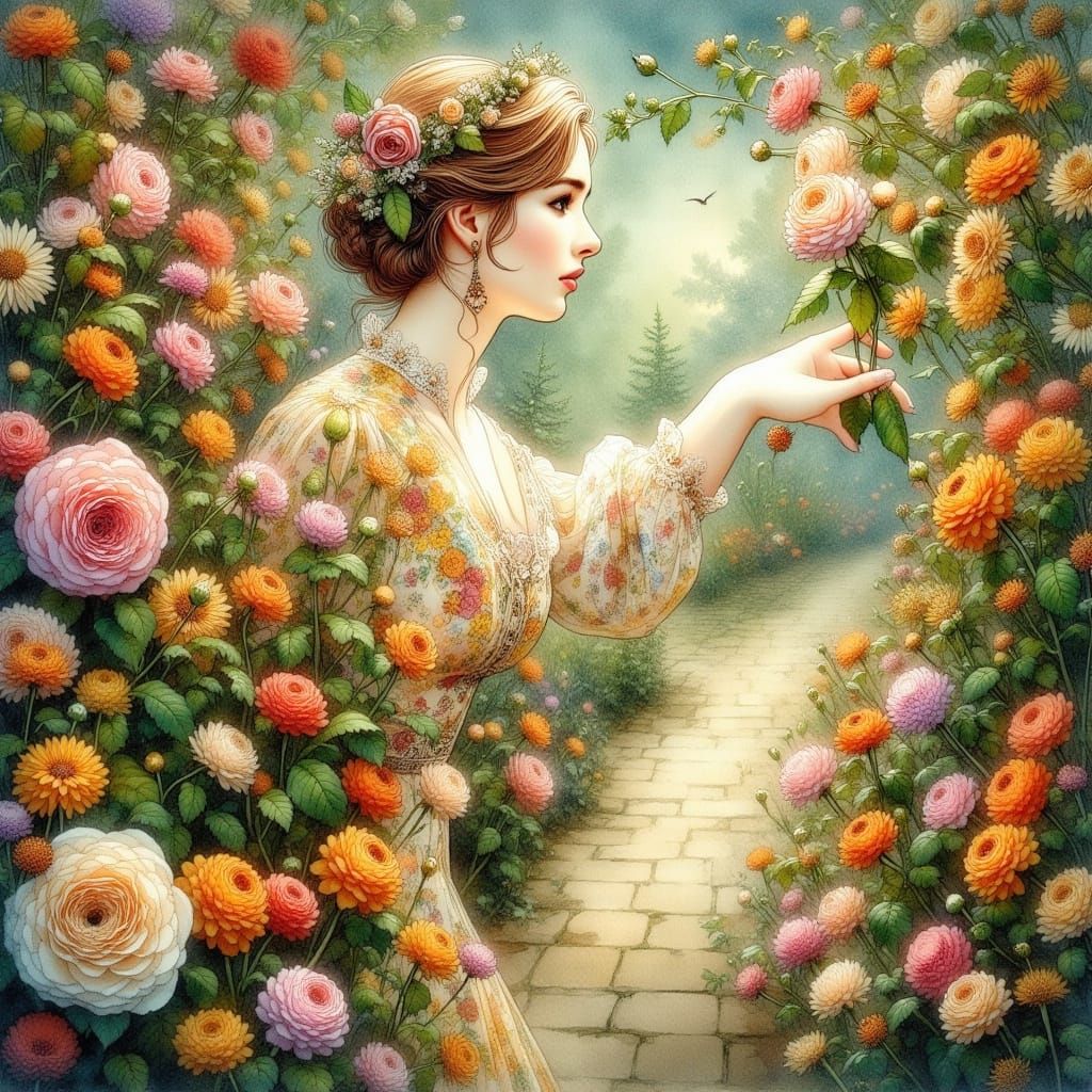 Woman in Rose Garden, Storybook Illustration Style