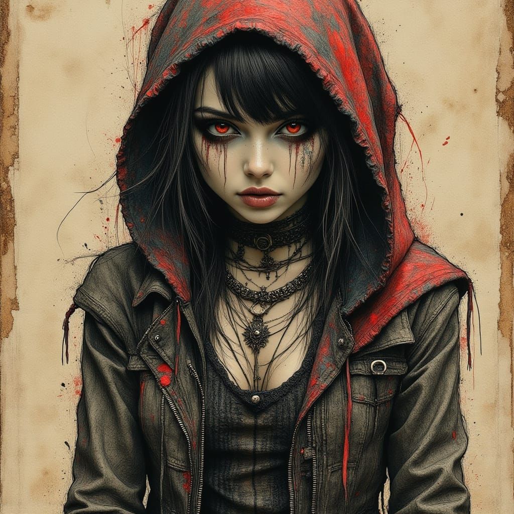 Punk Goth Girl in Sketch Collage with Bohemian Whimsy