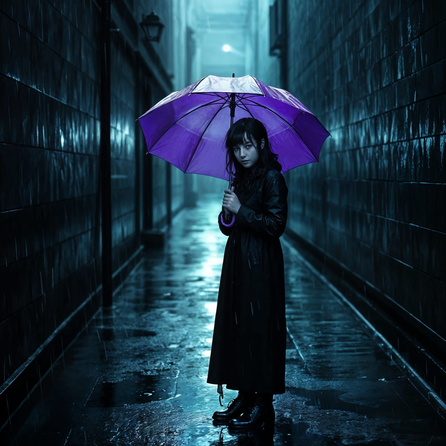Mourning Young Woman Holds Umbrella in Dark Rainy Night