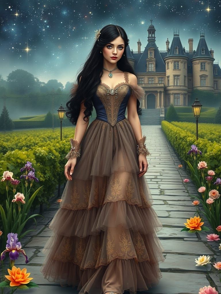 Princess in a Dreamlike, Starry French Chateau Landscape