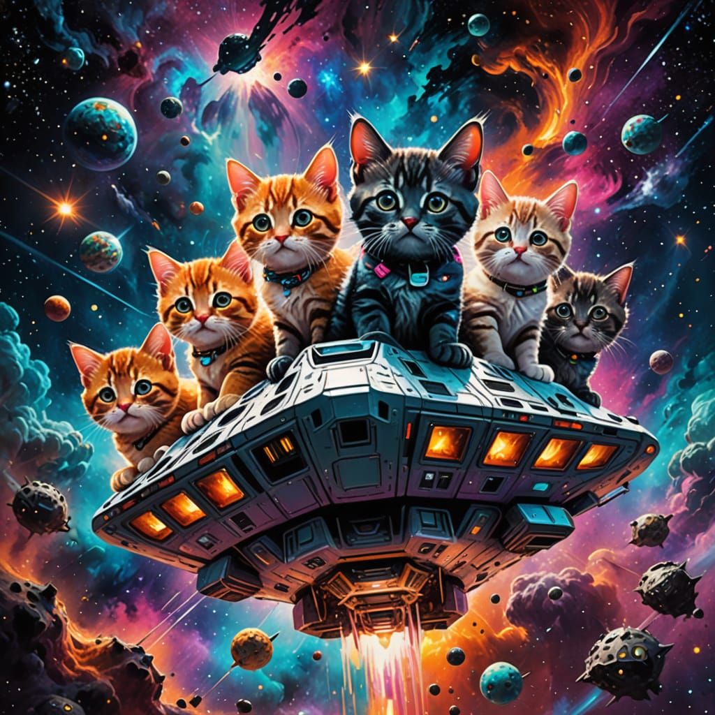 Vibrant Kitties in Nebulae, Oil Painting Style