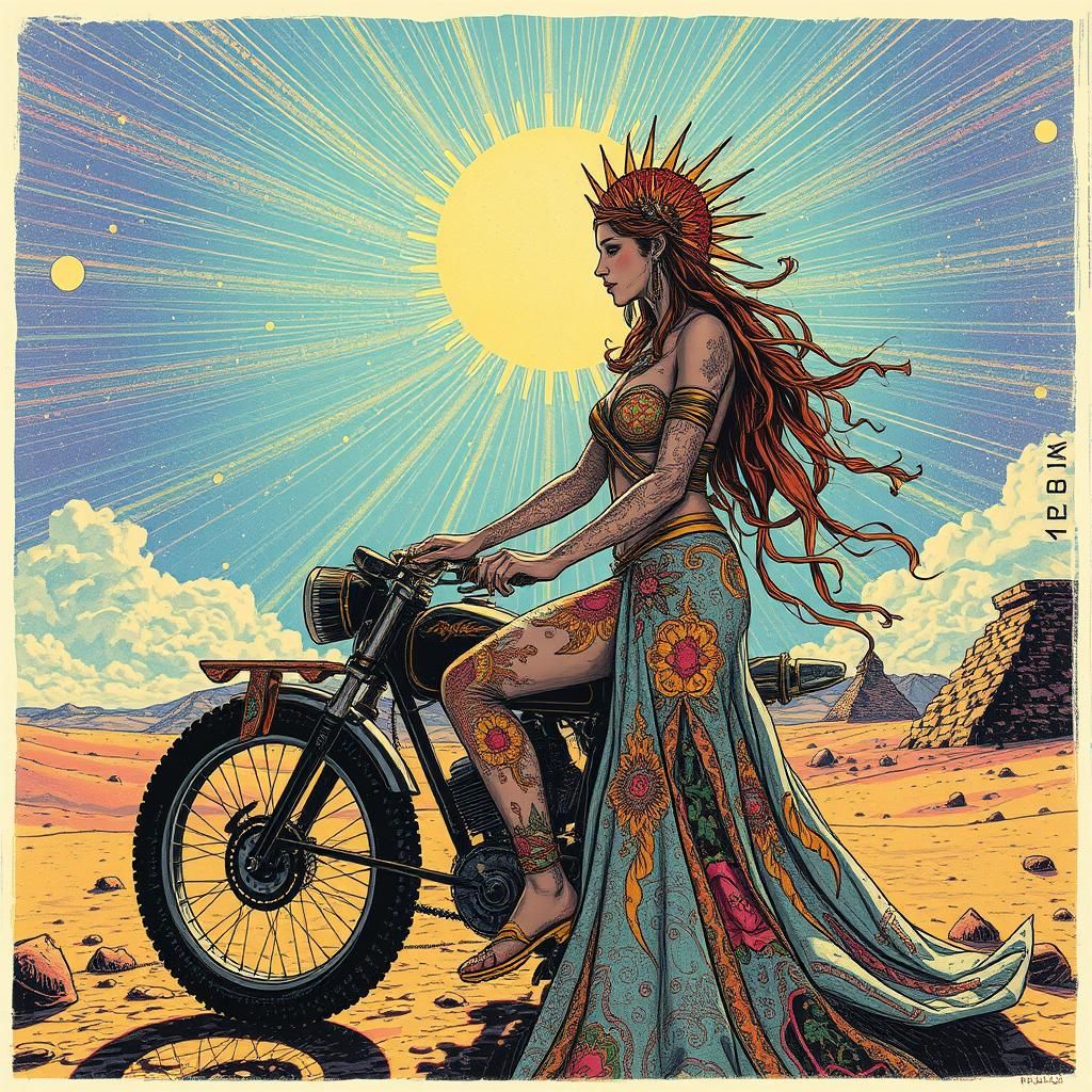 Post-Apocalyptic Solar Biker Bride in Monoprint