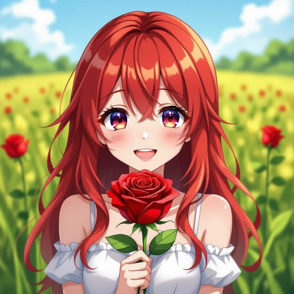 Cute Anime Rose with Happy Eyes in a Field