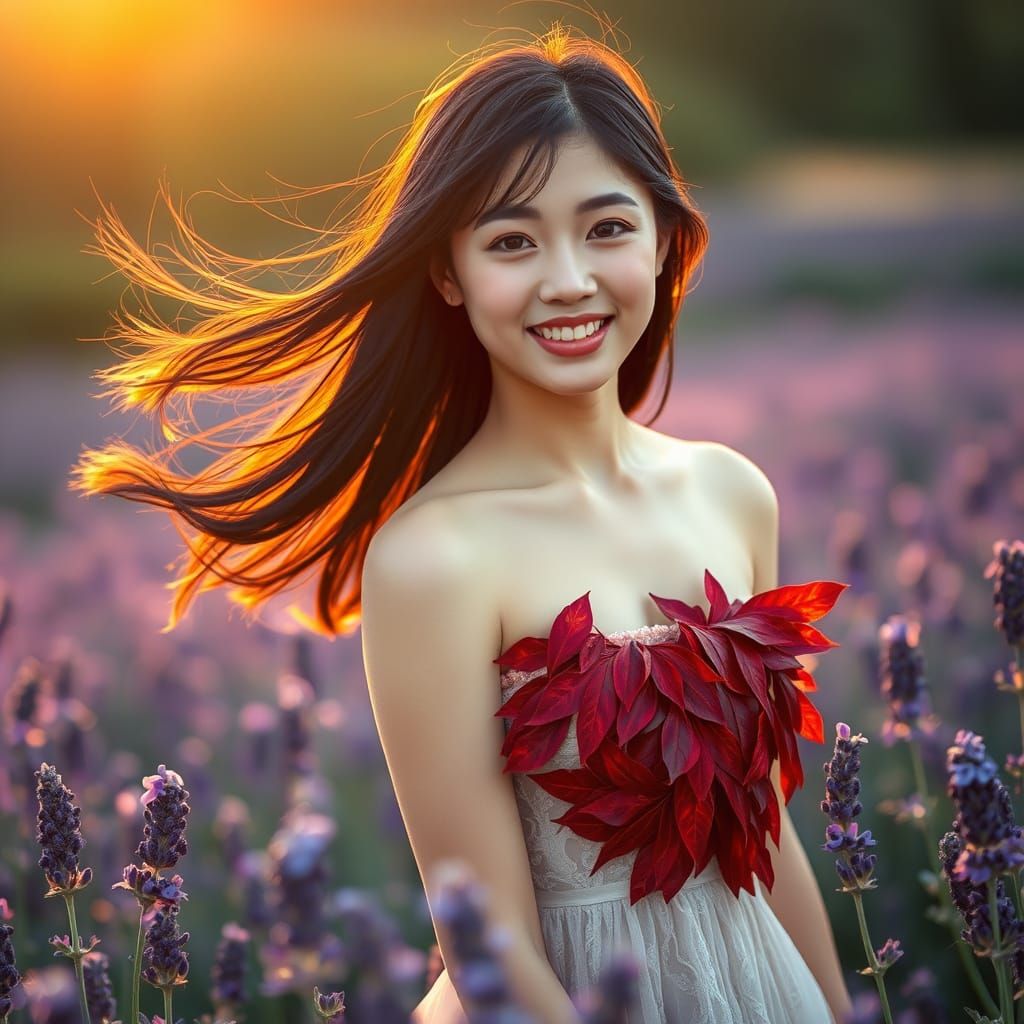 Japanese Woman in Lavender Field with Red Leaf Dress