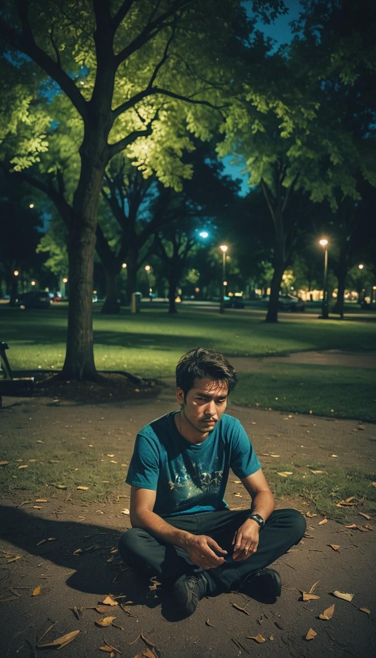 Man in Park at Night with Cinematic Lighting
