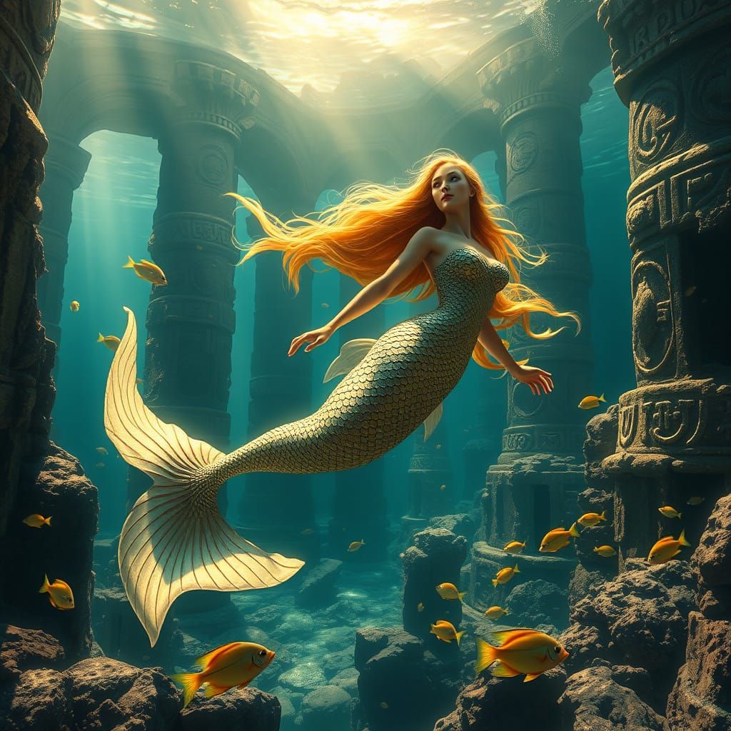 Majestic Mermaid in Sunken Ruins, Fantasy Concept Art