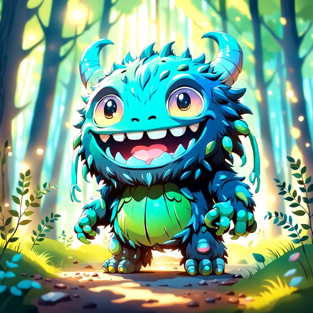 Whimsical Chibi Monster in Dreamy Forest Scene