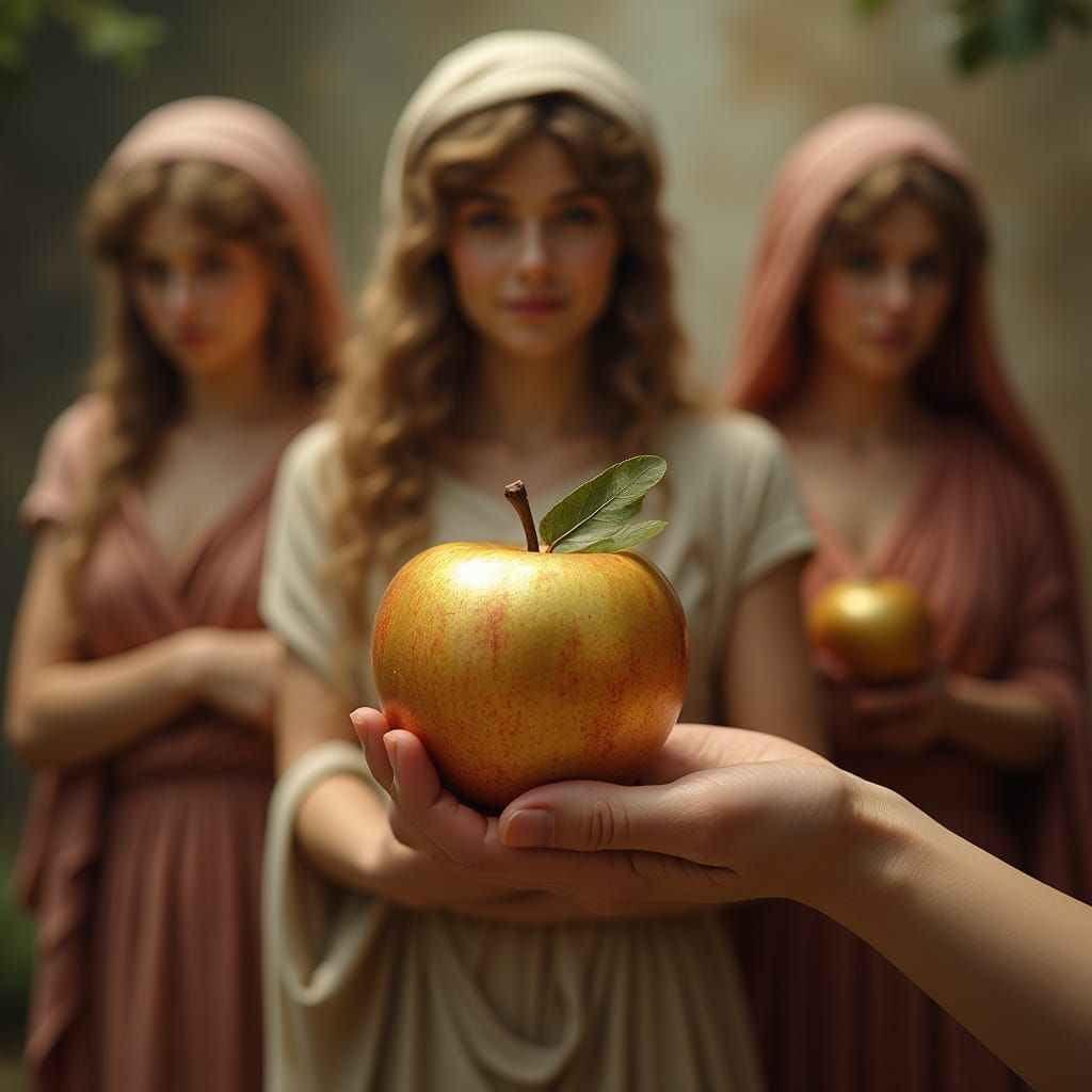 Golden Apple Held by a Hand with Greek Goddesses in the Back...