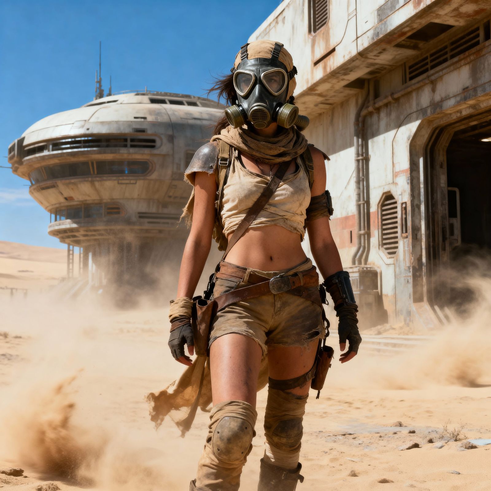 Female Survivor in Dusty Post-Apocalyptic Sci-Fi Landscape