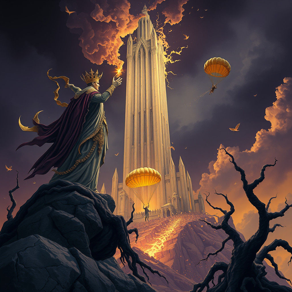 Regal Figure Rips Sky as Ivory Tower Crumbles