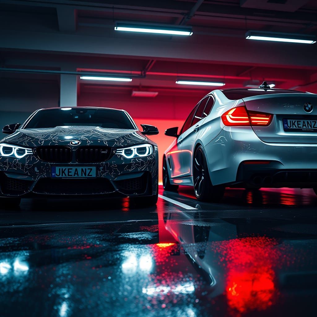 Luxury BMW Cars in Modern Garage, Cinematic Film Still