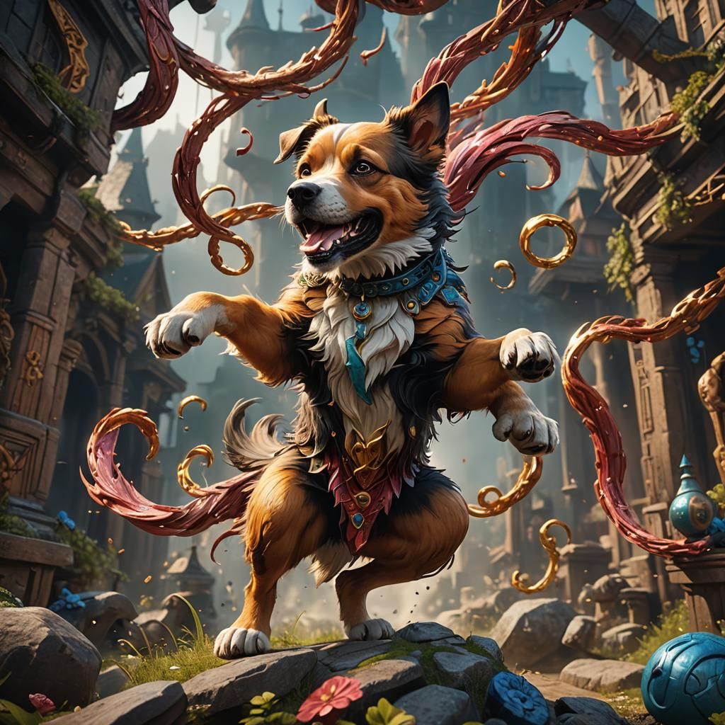 Dog Chasing Tail in Detailed Matte Painting