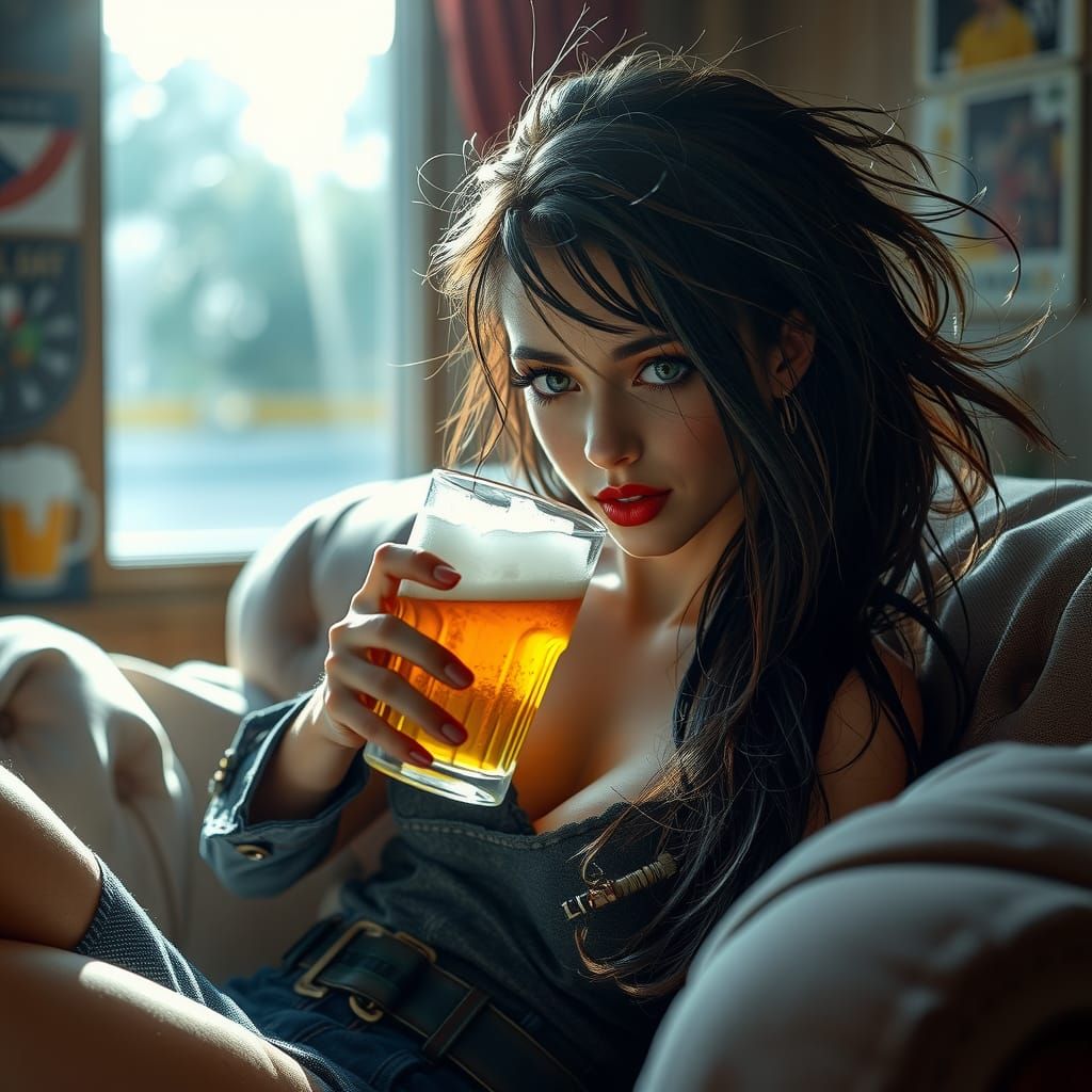 Photorealistic Punky Girl Drinking Beer