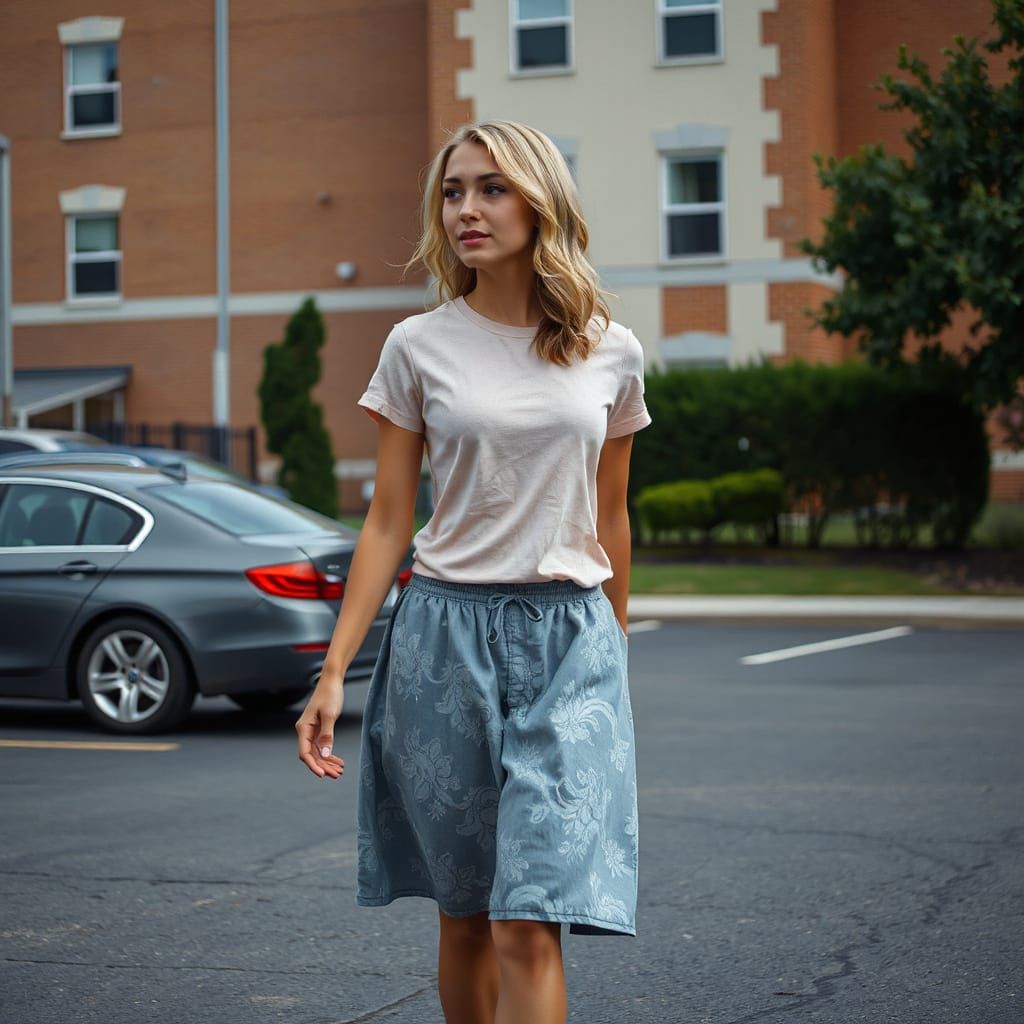 Woman in Paisley Skirt Walking in Parking Lot