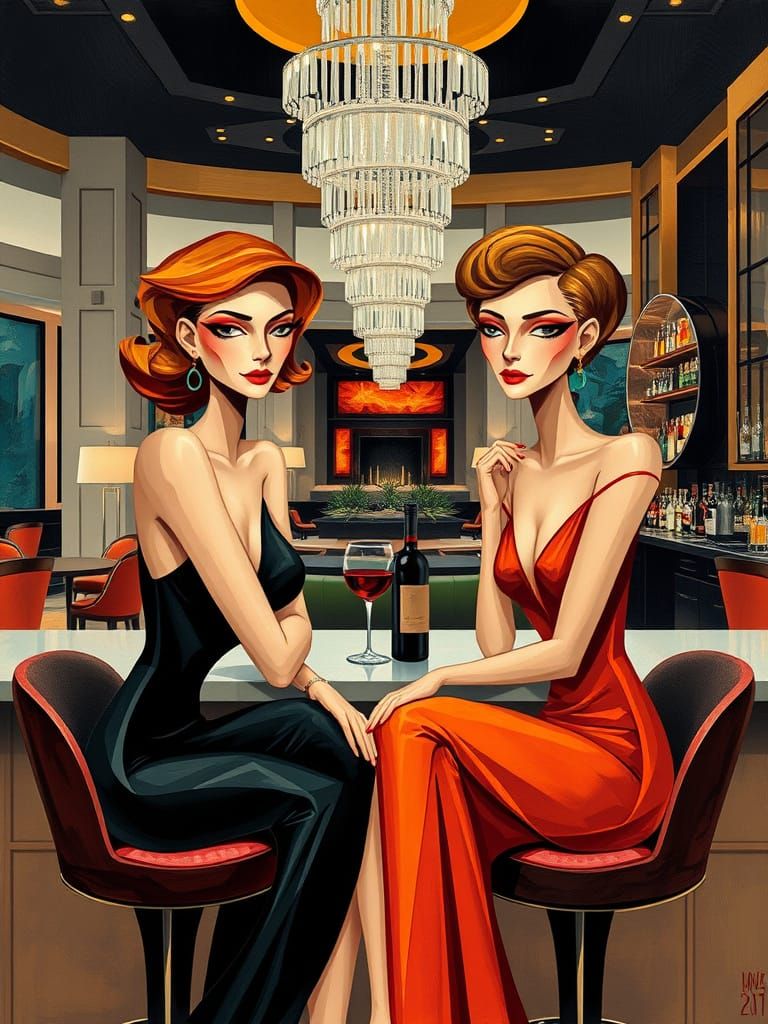 Women Enjoying Wine in Luxurious Art Deco Setting