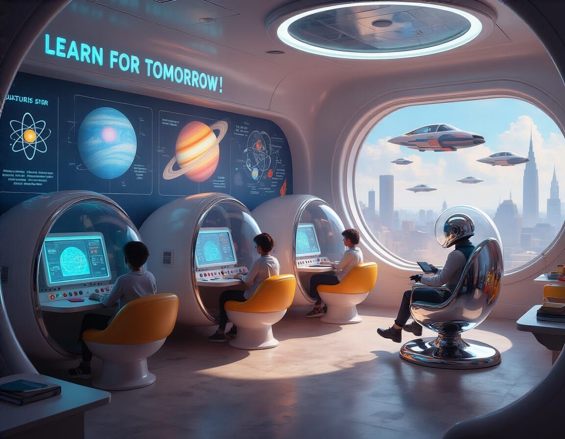 Futuristic Classroom 2125 in Retrofuturist Style