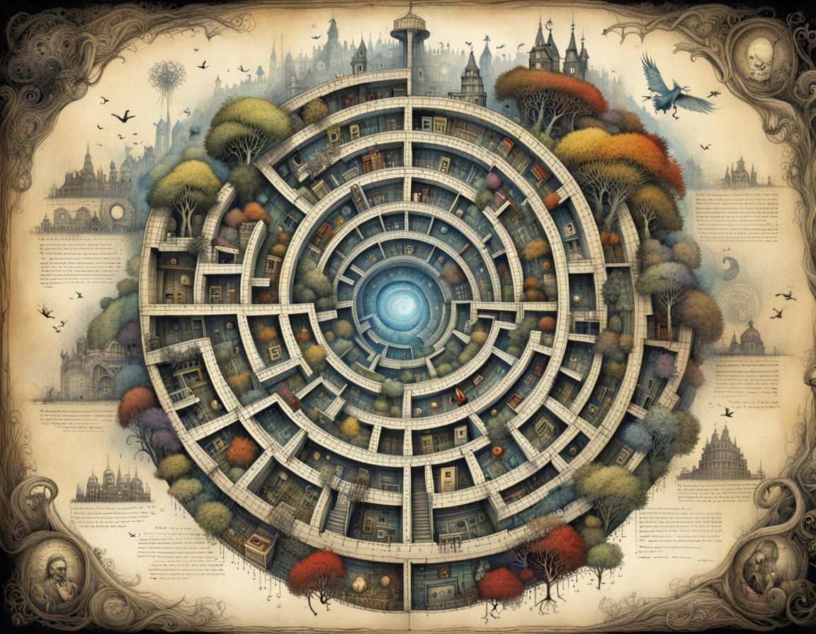 Labyrinth of the Heart: Blueprint Drawing in Rainbow Ink