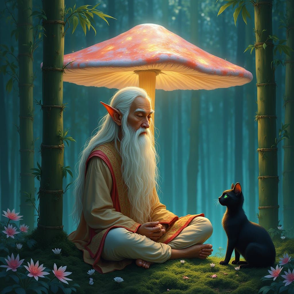 Meditating Chinese Elf in Bioluminescent Forest