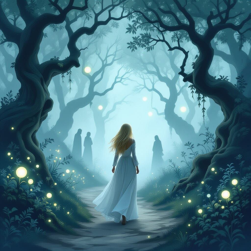 Melancholy Wanderer in Enchanted Misty Forest
