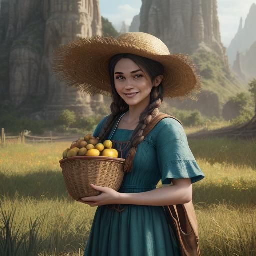 Woman with Fruit Basket in Painterly Digital Art