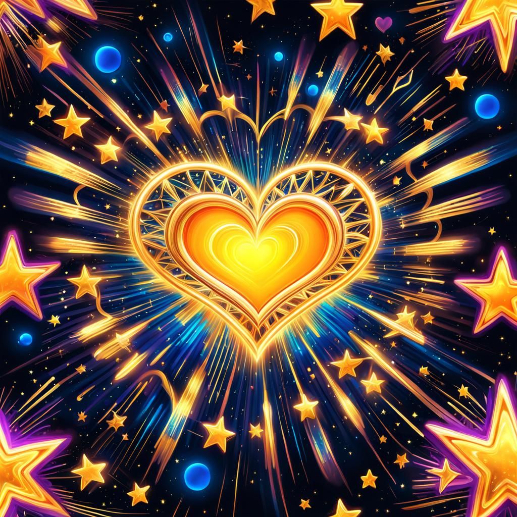 Radiant Neon Heart with Gold Stars, Digital Art