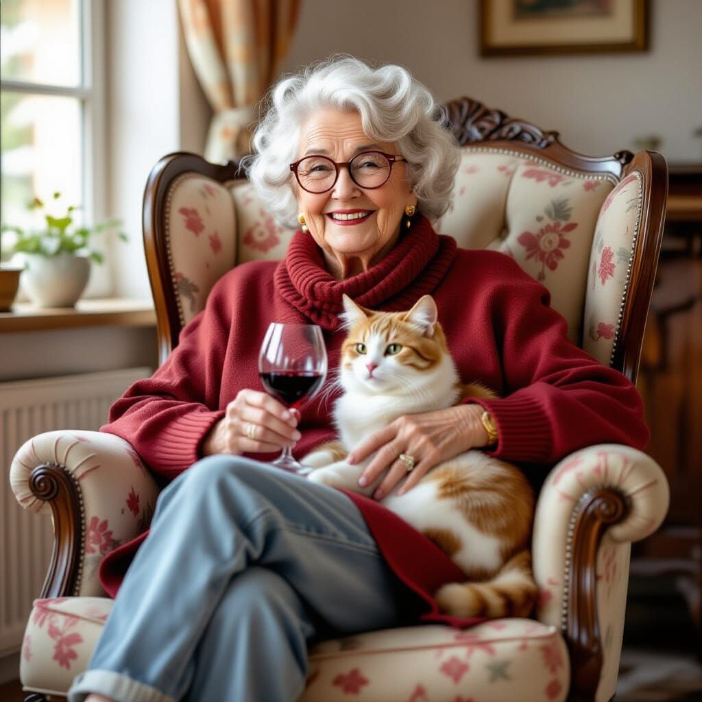 Charming Elderly Woman with Cat and Wine