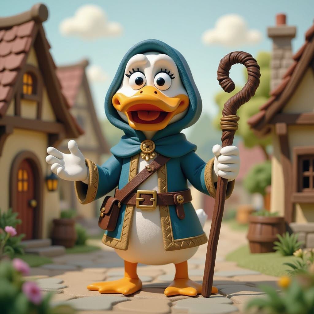 Claymation Duck Cleric in Medieval Fantasy Village