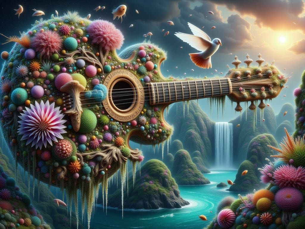 Surreal Guitar Haven in Translucent Coral and Bioluminescent...