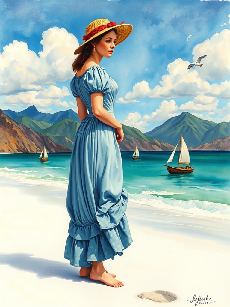 19th Century Lady on Beach in Van Gogh Style