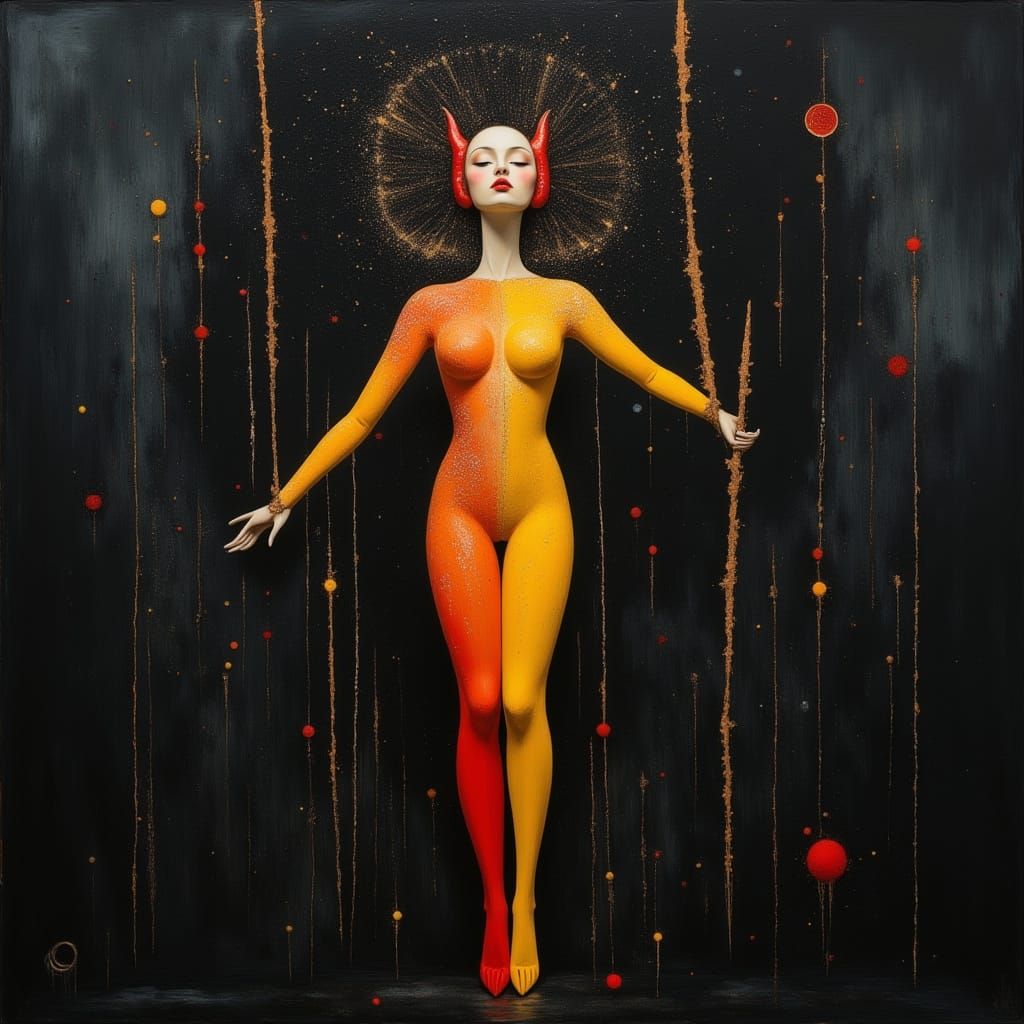 Surreal Aerialist in Spotlight with Space Horns