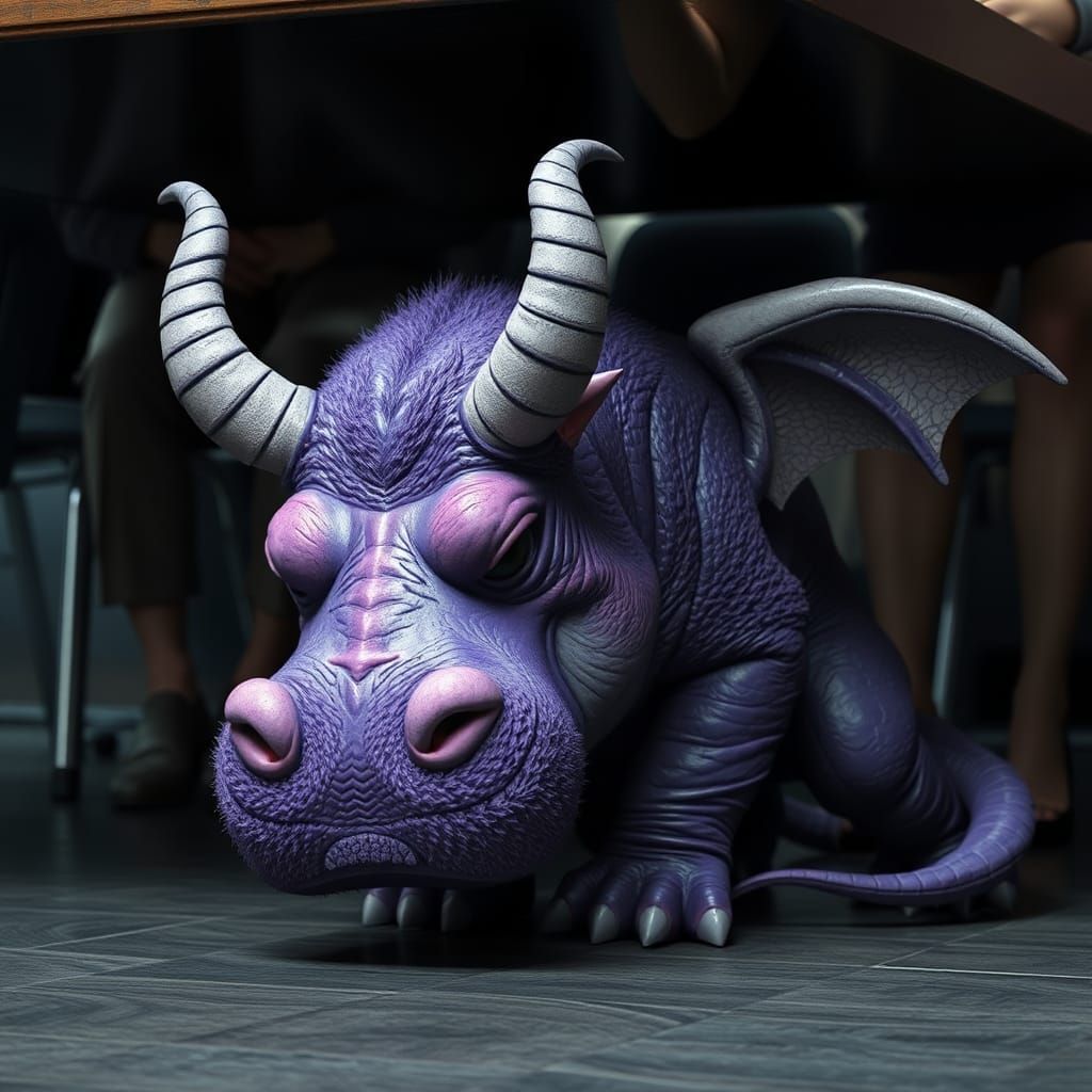 Sad Hippo-Dragon Hybrid Hiding: 3D Rendered Scene