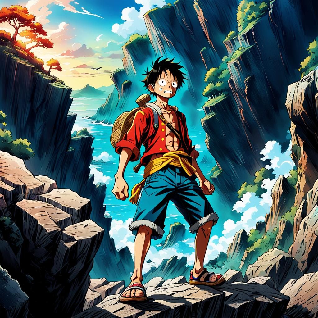 Luffy on Rocky Cliff in Anime Style