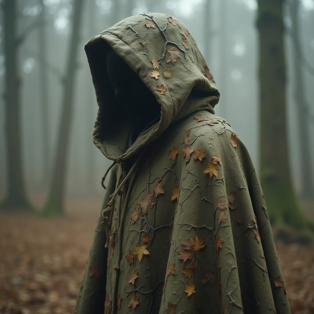 Camouflage Cloak in Misty Forest, Retro-Futuristic Style