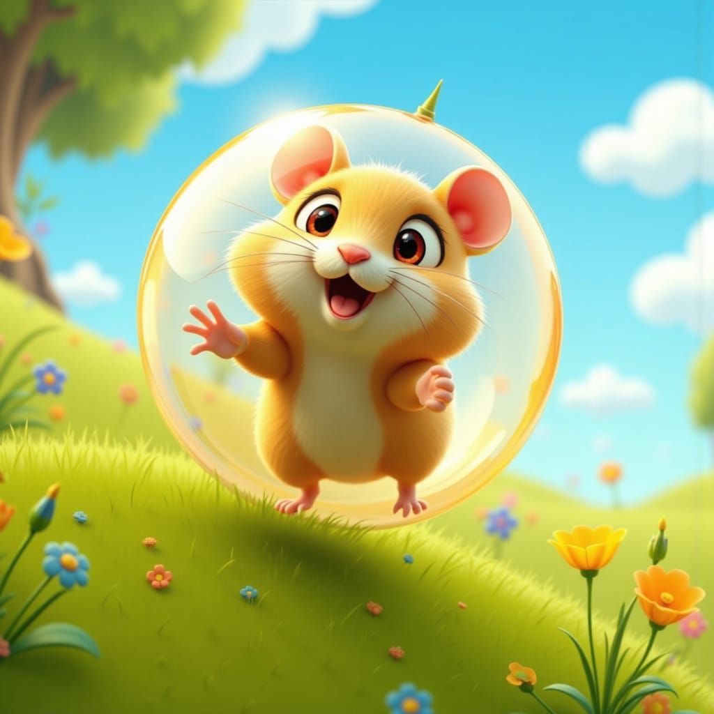Pixar-Style Hamster Rolling Down Sunny Hill