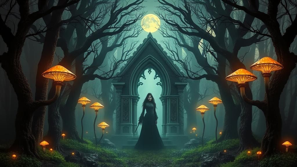 Mystical Sorceress in Gothic Forest, Surreal Art