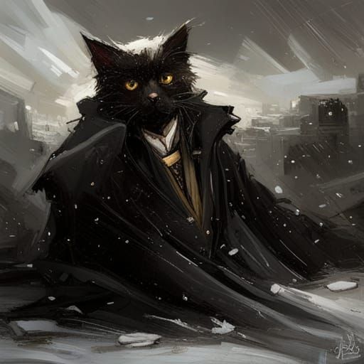 Detailed Cat Wizard in Snowy Scene, Oil Painting