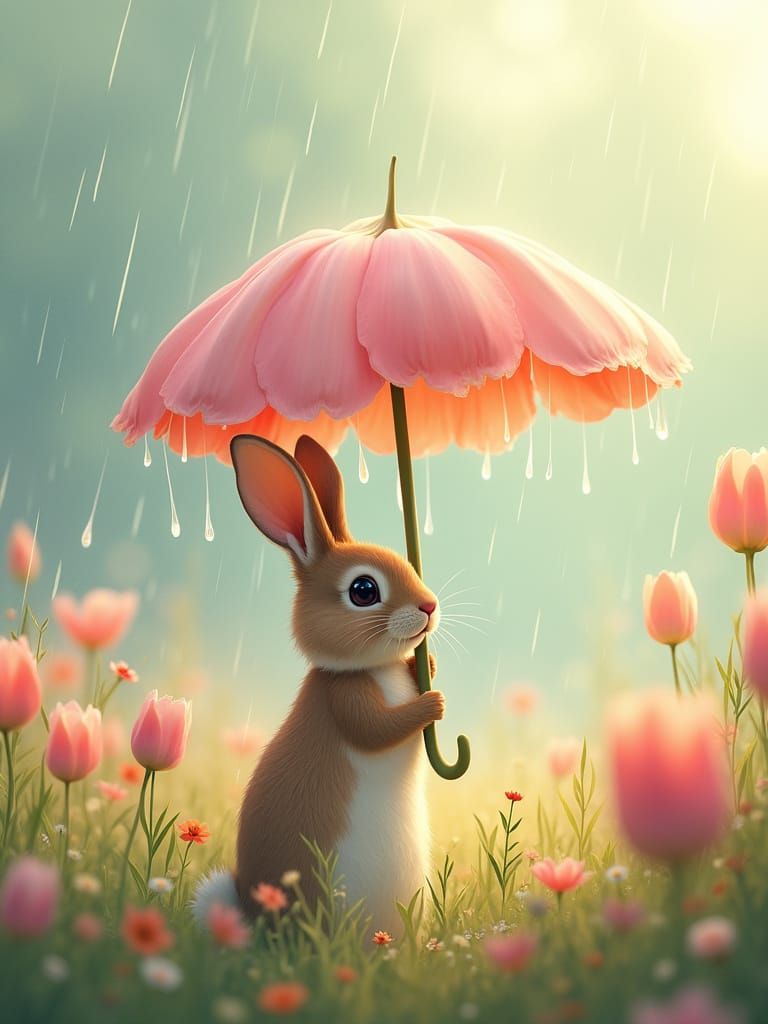 Rabbit with Tulip Umbrella in Gentle Rain