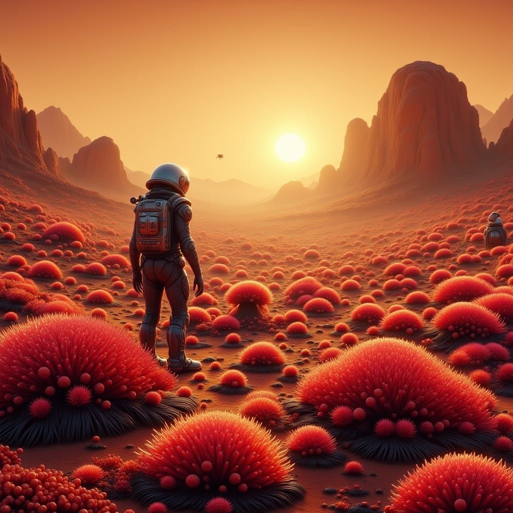 Astronaut Botanist Tends Martian Garden in Dramatic Landscap...