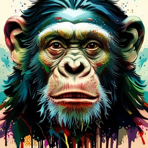 Chimpanzee Portrait with Ink Splatter Background