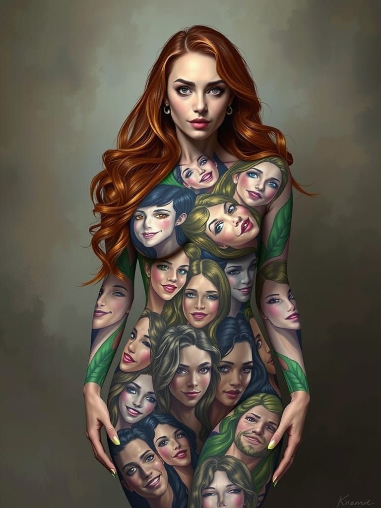 Vibrant Faces Adorn Petite Woman in Body Paint