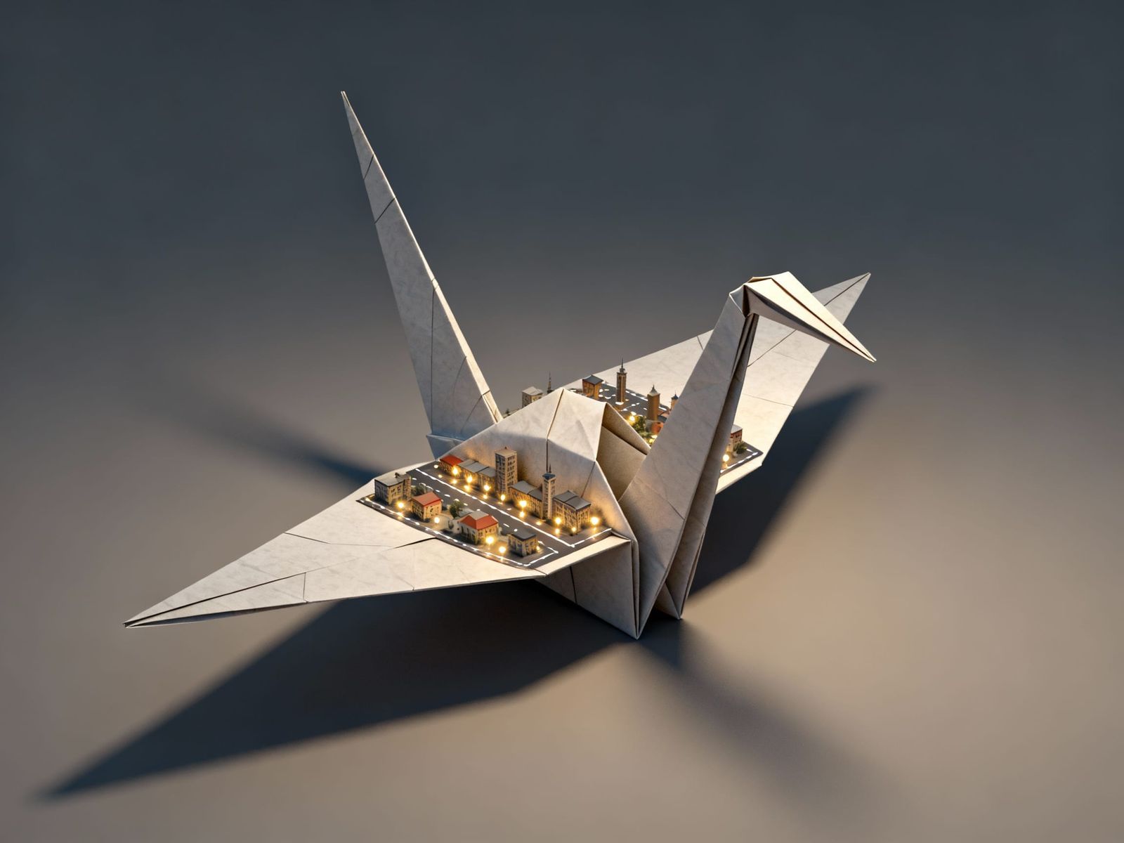 Cityscape Within Origami Crane, Realistic 3D Render